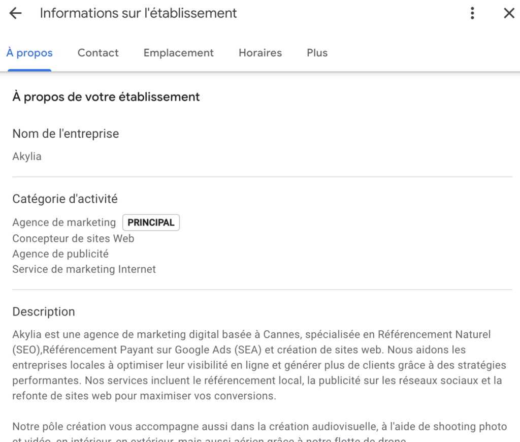 Informations de contact Google My Business